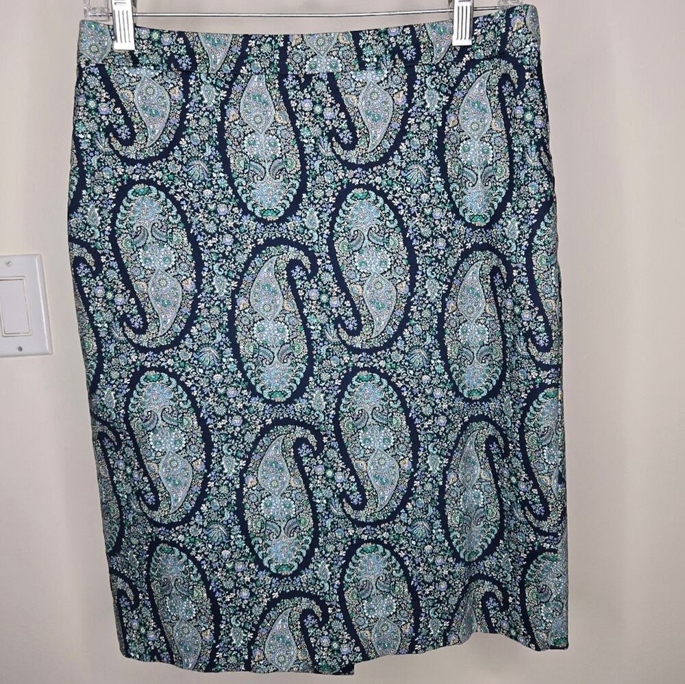 NWOT J. CREW Blue/Green Paisley Knee-Length Pencil Skirt Fully Lined Size 6